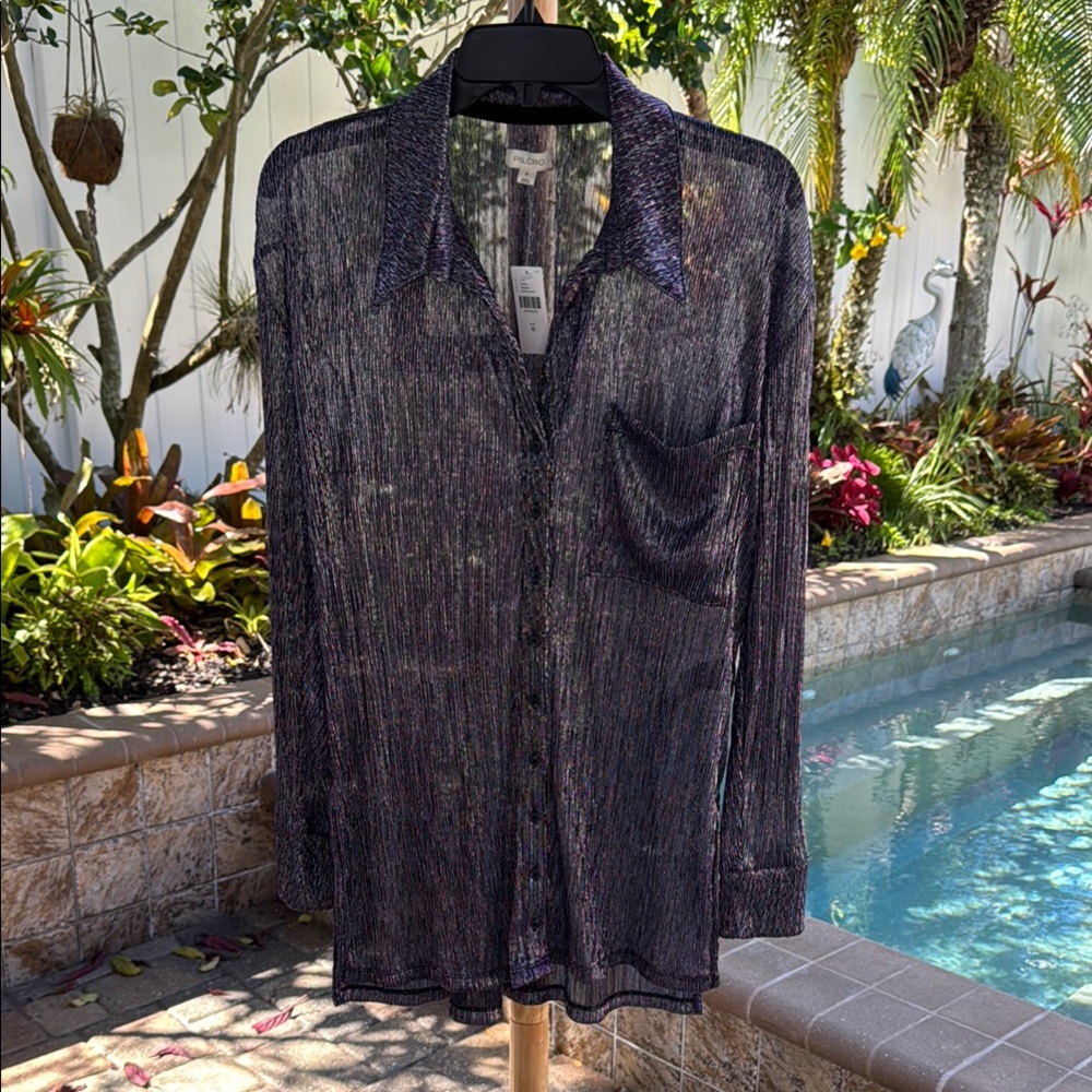 Pilcro metallic shirt. Purple button down. Sheer. Anthropologie. NWT